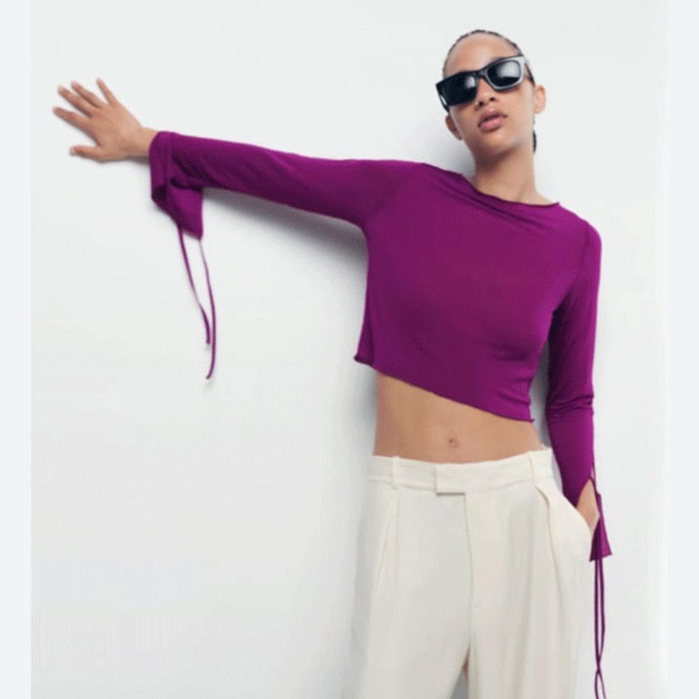 Zara mesh sheer long sleeve purple top